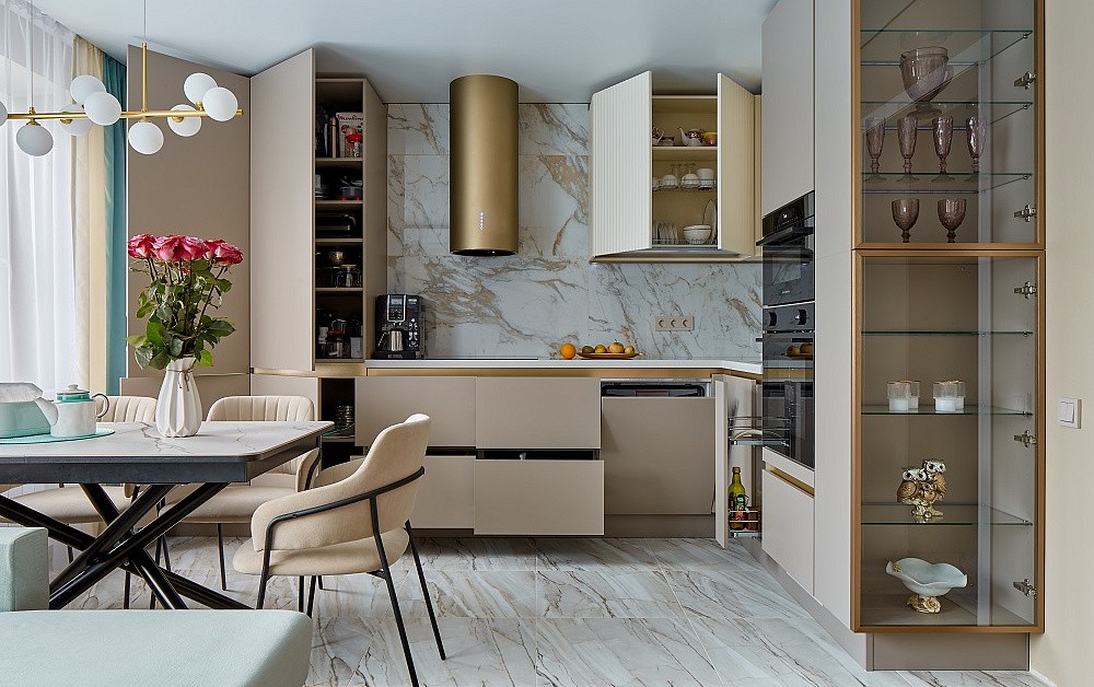 Роскошная песочная кухня с мраморно-золотыми акцентами
